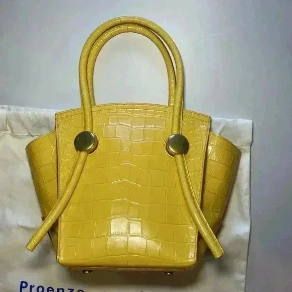 Proenza Schouler Croc Embossed Leather Pipe Tote Bag Small Yellow Citrus Purse - Picture 3 of 15
